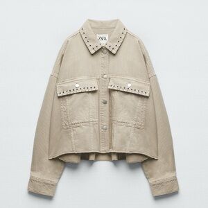 ZARA Studded Denim Jacket – Beige / Khaki